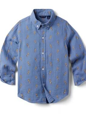 Janie and Jack Blue Gauze Button-Down Shirt Horse Print Boys Sz 12 Super Soft
